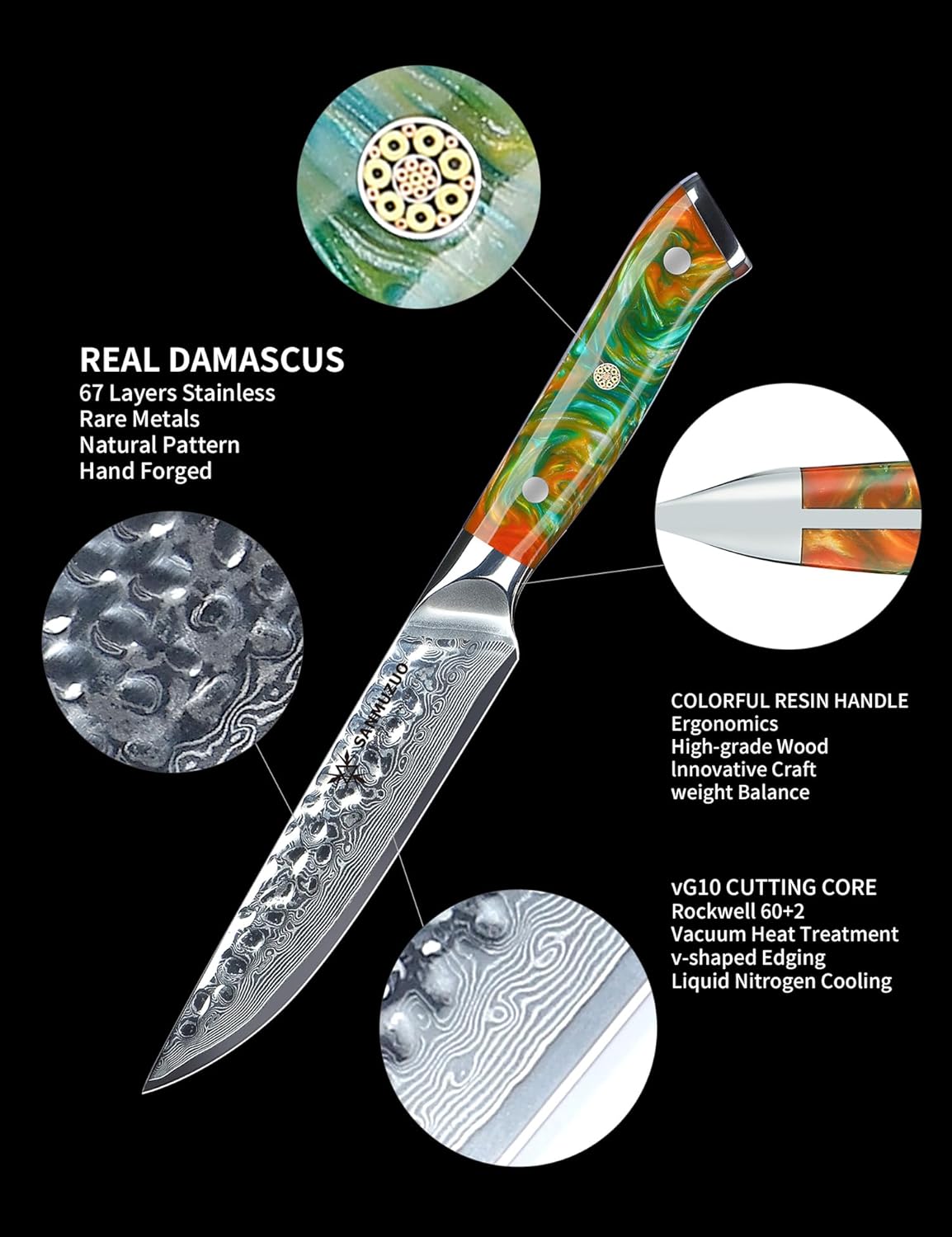 7“ Nakiri Knife - Hammered Damascus Steel & Resin Handle - YAO Series