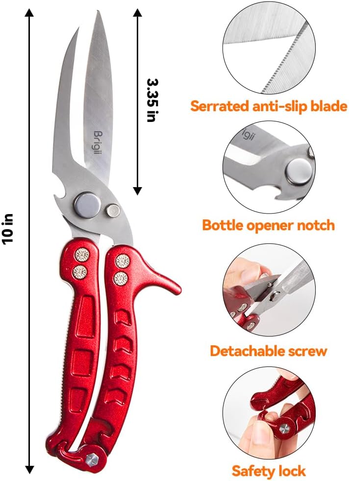 Kitchen Shears, Heavy Duty Poultry Shears, Detachable Scissors | Detachable blades, 304 stainless steel, built-in spring, safety lock, cuts bone, chicken, turkey, fish, seafood, Red