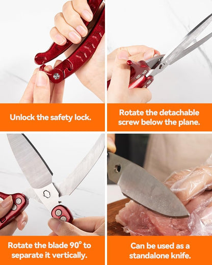 Kitchen Shears, Heavy Duty Poultry Shears, Detachable Scissors | Detachable blades, 304 stainless steel, built-in spring, safety lock, cuts bone, chicken, turkey, fish, seafood, Red