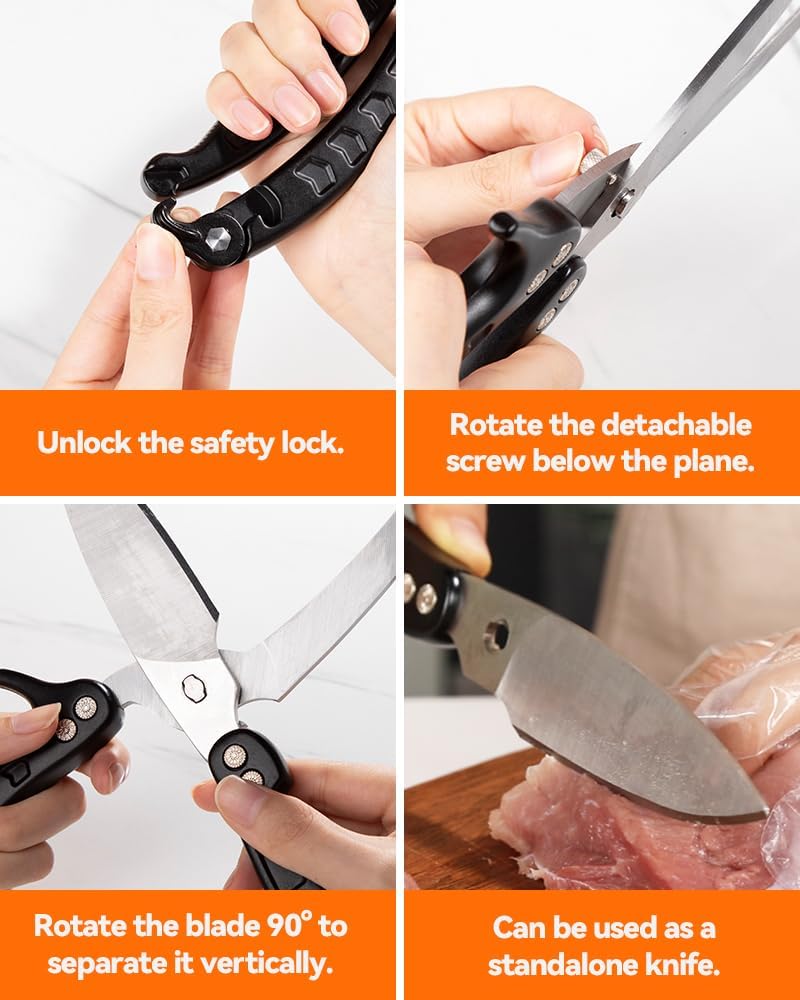 Kitchen Shears, Heavy Duty Poultry Shears, Detachable Scissors | Detachable blades, 304 stainless steel, built-in spring, safety lock, cuts bone, chicken, turkey, fish, seafood, Red