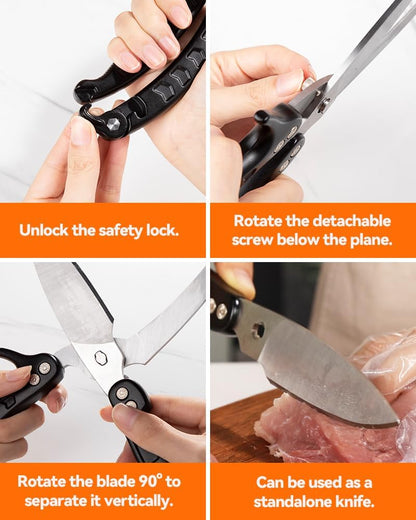 Kitchen Shears, Heavy Duty Poultry Shears, Detachable Scissors | Detachable blades, 304 stainless steel, built-in spring, safety lock, cuts bone, chicken, turkey, fish, seafood, Red