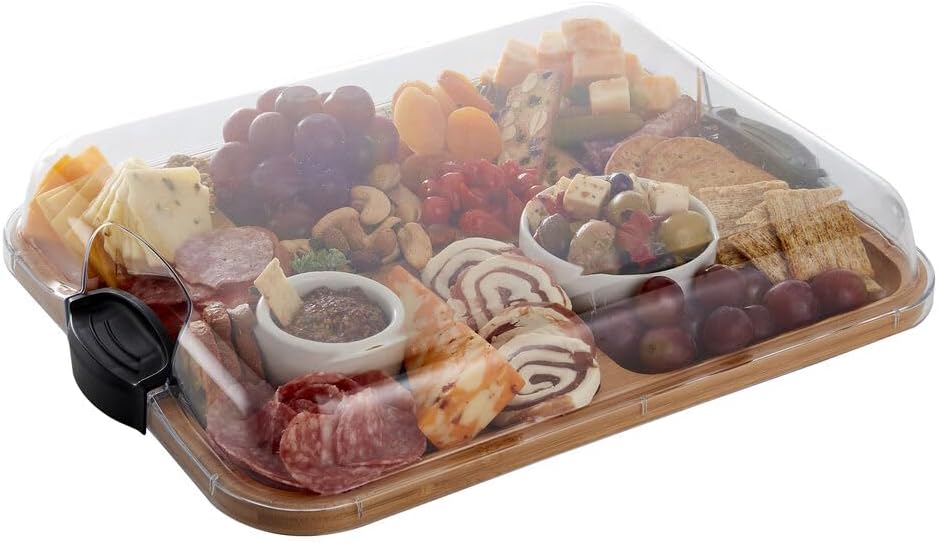 Bamboo Cutting Board with Clear Locking Lid, 11 x 14 Inch Build-A-Board Charcuterie Board with 6 Compartments for Food Prep, Snack Tray, and Entertaining