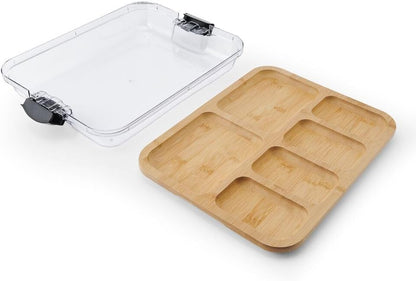 Bamboo Cutting Board with Clear Locking Lid, 11 x 14 Inch Build-A-Board Charcuterie Board with 6 Compartments for Food Prep, Snack Tray, and Entertaining