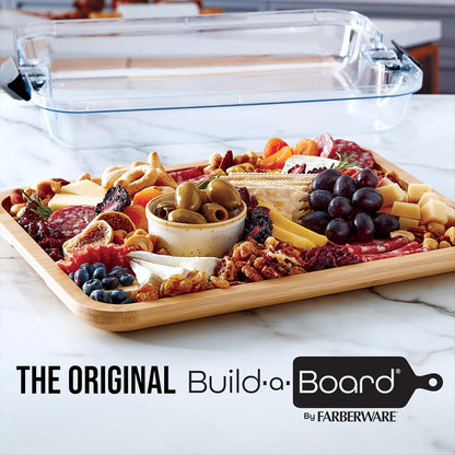 Bamboo Cutting Board with Clear Locking Lid, 11 x 14 Inch Build-A-Board Charcuterie Board with 6 Compartments for Food Prep, Snack Tray, and Entertaining