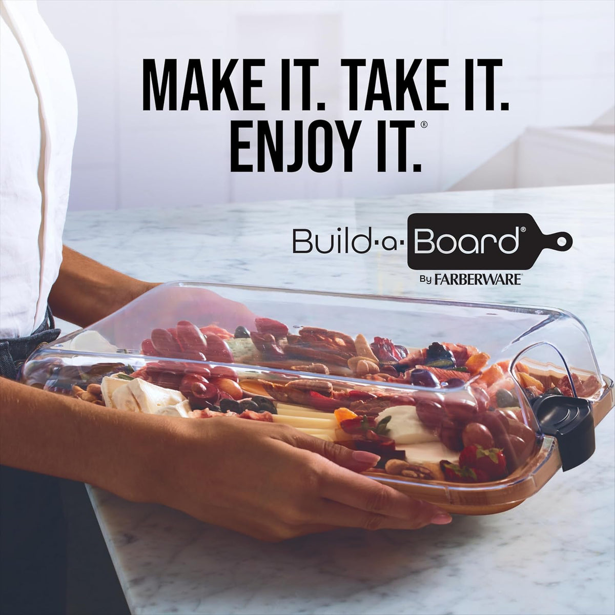 Bamboo Cutting Board with Clear Locking Lid, 11 x 14 Inch Build-A-Board Charcuterie Board with 6 Compartments for Food Prep, Snack Tray, and Entertaining