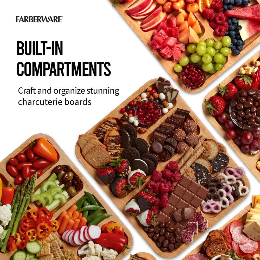 Bamboo Cutting Board with Clear Locking Lid, 11 x 14 Inch Build-A-Board Charcuterie Board with 6 Compartments for Food Prep, Snack Tray, and Entertaining
