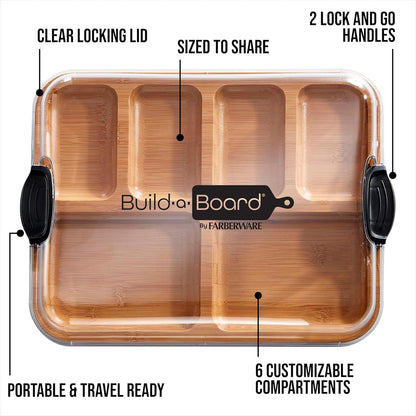 Bamboo Cutting Board with Clear Locking Lid, 11 x 14 Inch Build-A-Board Charcuterie Board with 6 Compartments for Food Prep, Snack Tray, and Entertaining