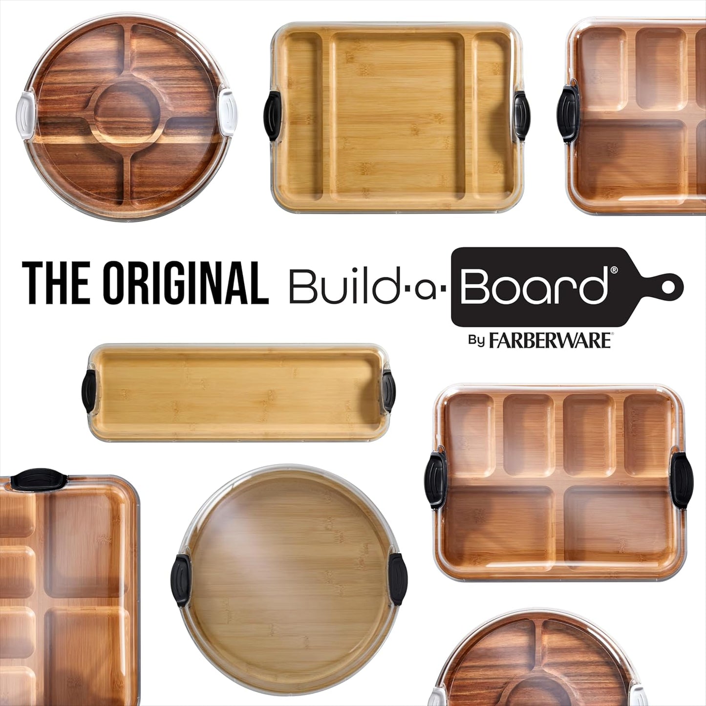 Bamboo Cutting Board with Clear Locking Lid, 11 x 14 Inch Build-A-Board Charcuterie Board with 6 Compartments for Food Prep, Snack Tray, and Entertaining