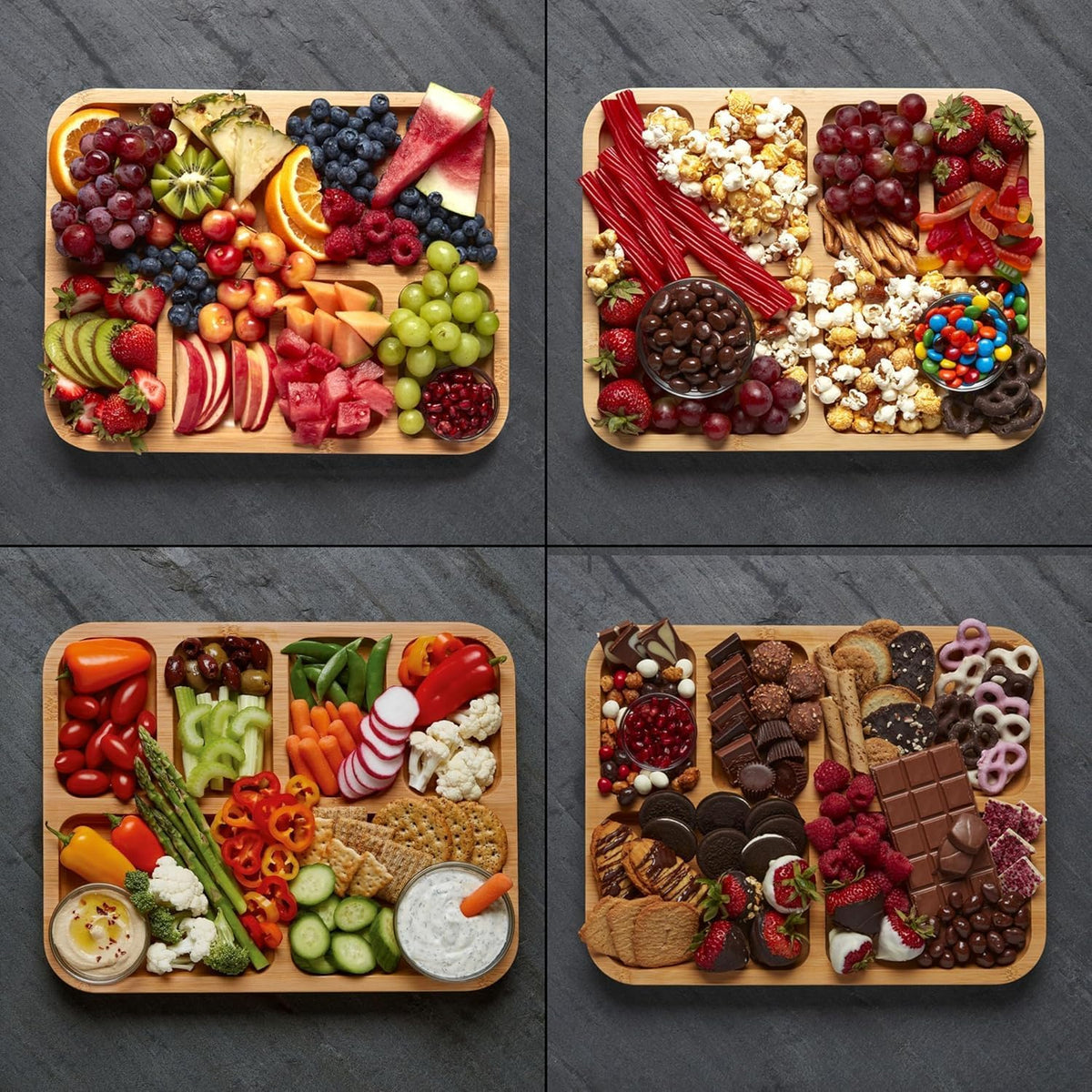Bamboo Cutting Board with Clear Locking Lid, 11 x 14 Inch Build-A-Board Charcuterie Board with 6 Compartments for Food Prep, Snack Tray, and Entertaining