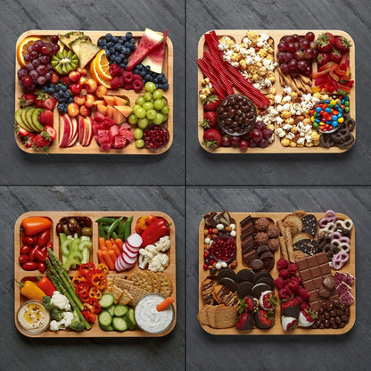 Bamboo Cutting Board with Clear Locking Lid, 11 x 14 Inch Build-A-Board Charcuterie Board with 6 Compartments for Food Prep, Snack Tray, and Entertaining