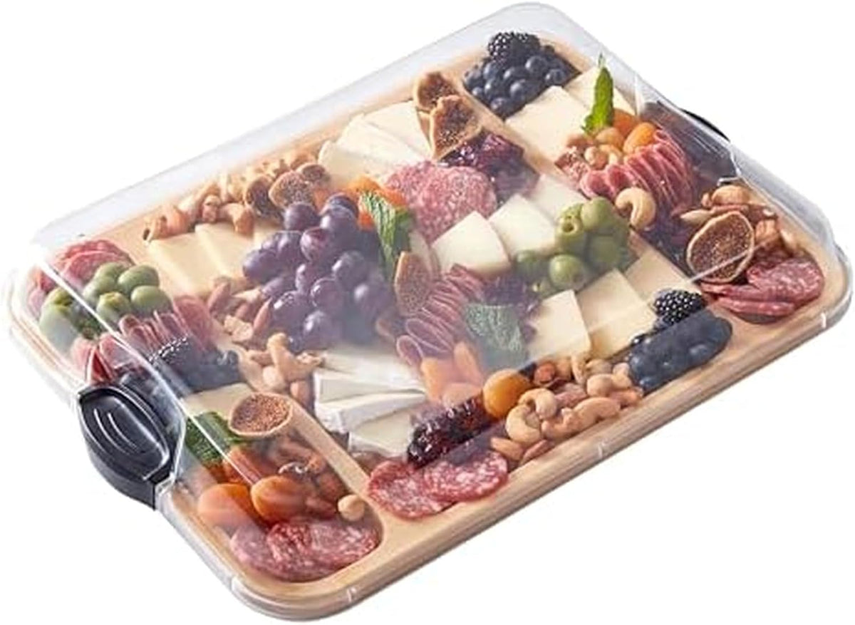 Bamboo Cutting Board with Clear Locking Lid, 11 x 14 Inch Build-A-Board Charcuterie Board with 6 Compartments for Food Prep, Snack Tray, and Entertaining