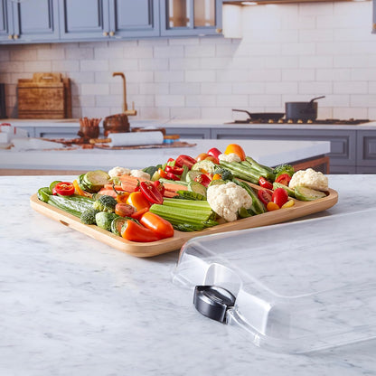 Bamboo Cutting Board with Clear Locking Lid, 11 x 14 Inch Build-A-Board Charcuterie Board with 6 Compartments for Food Prep, Snack Tray, and Entertaining