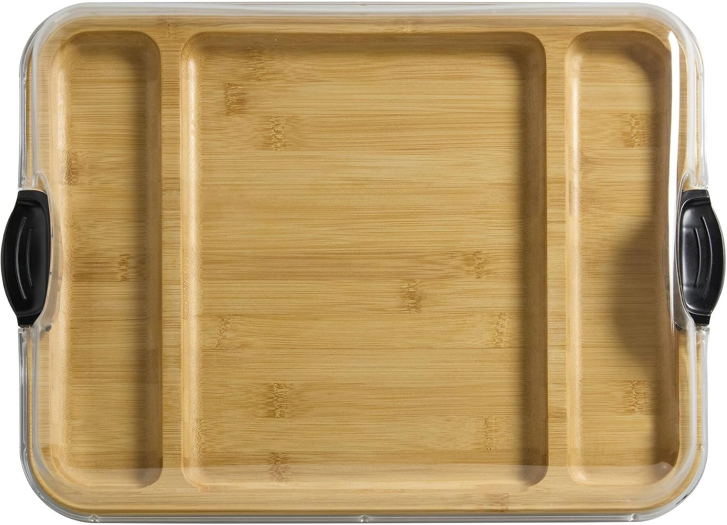 Bamboo Cutting Board with Clear Locking Lid, 11 x 14 Inch Build-A-Board Charcuterie Board with 6 Compartments for Food Prep, Snack Tray, and Entertaining