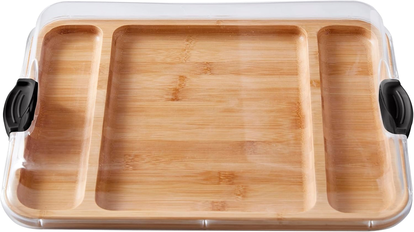 Bamboo Cutting Board with Clear Locking Lid, 11 x 14 Inch Build-A-Board Charcuterie Board with 6 Compartments for Food Prep, Snack Tray, and Entertaining