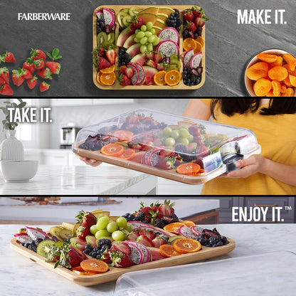 Bamboo Cutting Board with Clear Locking Lid, 11 x 14 Inch Build-A-Board Charcuterie Board with 6 Compartments for Food Prep, Snack Tray, and Entertaining