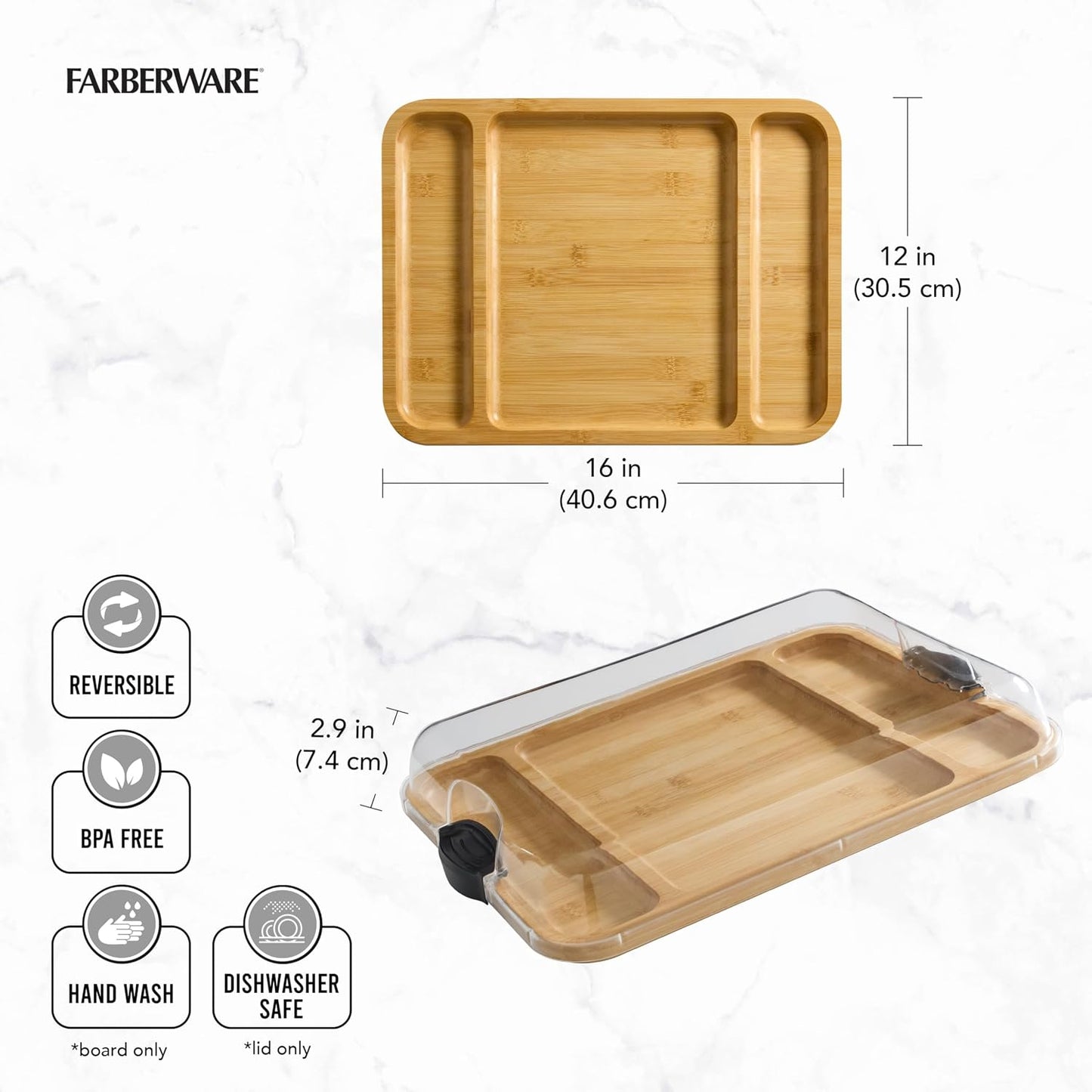 Bamboo Cutting Board with Clear Locking Lid, 11 x 14 Inch Build-A-Board Charcuterie Board with 6 Compartments for Food Prep, Snack Tray, and Entertaining