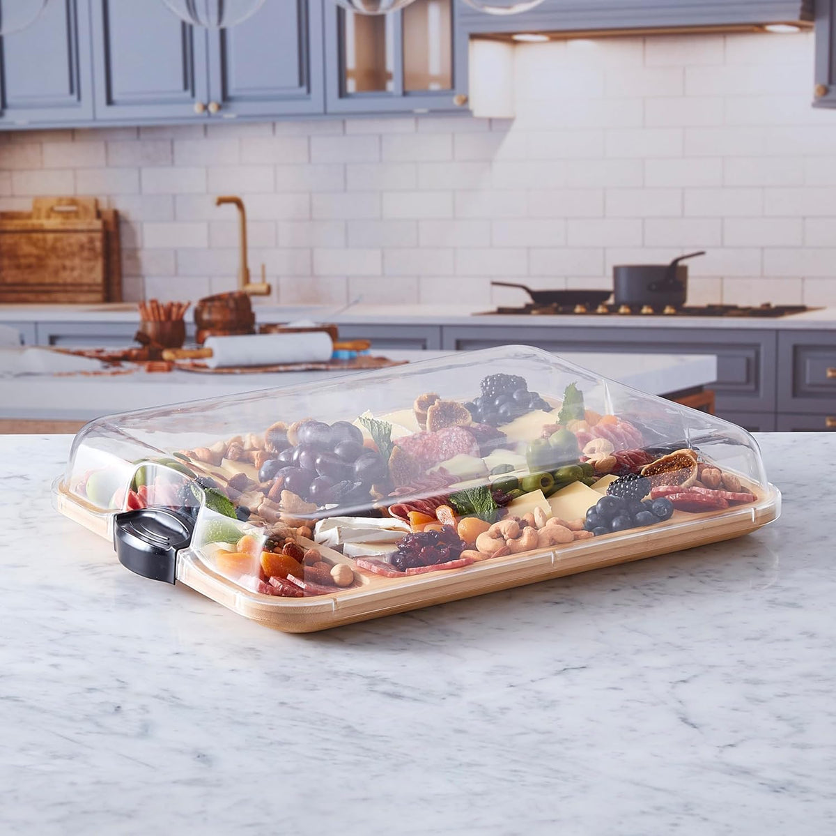 Bamboo Cutting Board with Clear Locking Lid, 11 x 14 Inch Build-A-Board Charcuterie Board with 6 Compartments for Food Prep, Snack Tray, and Entertaining