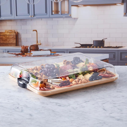Bamboo Cutting Board with Clear Locking Lid, 11 x 14 Inch Build-A-Board Charcuterie Board with 6 Compartments for Food Prep, Snack Tray, and Entertaining