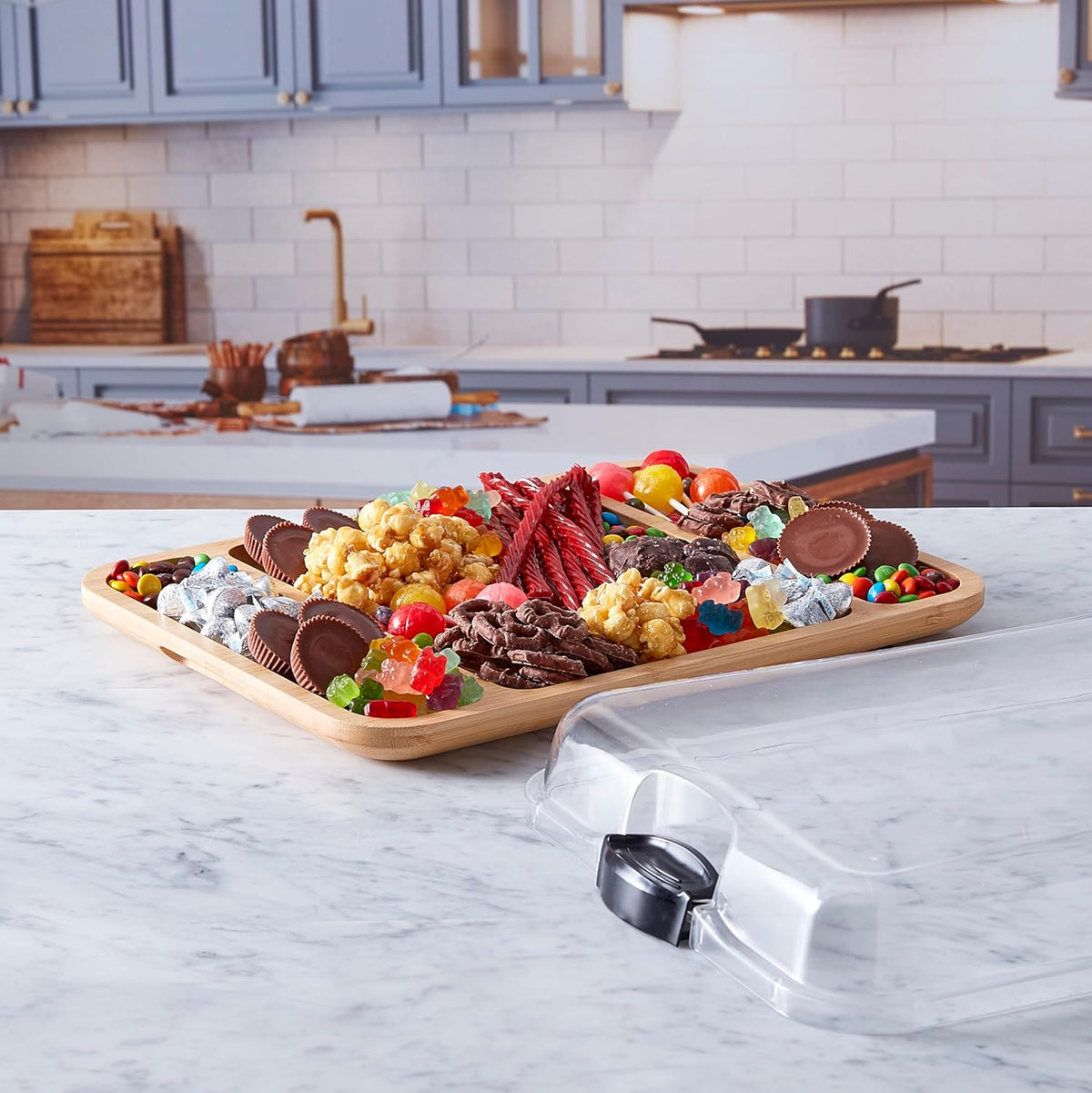 Bamboo Cutting Board with Clear Locking Lid, 11 x 14 Inch Build-A-Board Charcuterie Board with 6 Compartments for Food Prep, Snack Tray, and Entertaining