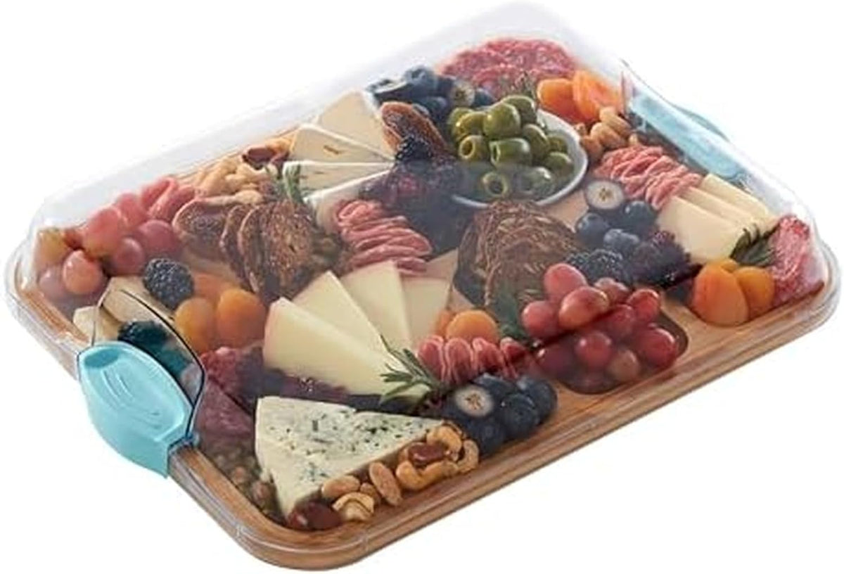 Bamboo Cutting Board with Clear Locking Lid, 11 x 14 Inch Build-A-Board Charcuterie Board with 6 Compartments for Food Prep, Snack Tray, and Entertaining