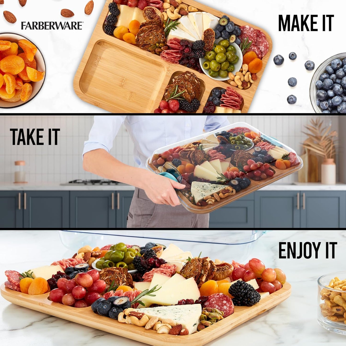 Bamboo Cutting Board with Clear Locking Lid, 11 x 14 Inch Build-A-Board Charcuterie Board with 6 Compartments for Food Prep, Snack Tray, and Entertaining