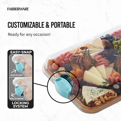 Bamboo Cutting Board with Clear Locking Lid, 11 x 14 Inch Build-A-Board Charcuterie Board with 6 Compartments for Food Prep, Snack Tray, and Entertaining