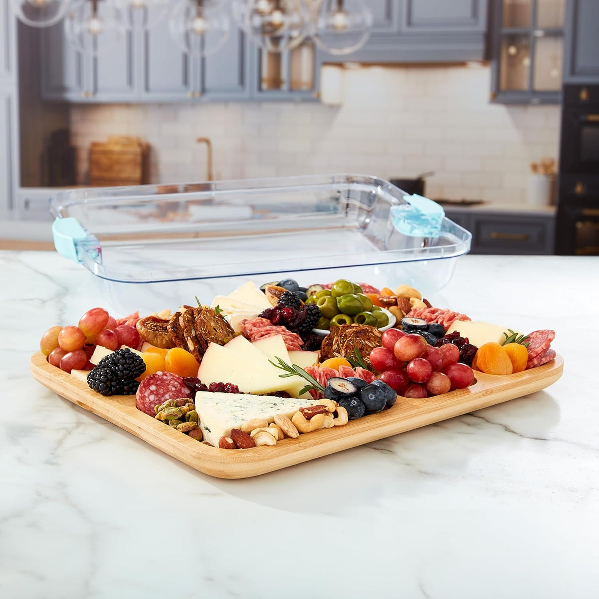 Bamboo Cutting Board with Clear Locking Lid, 11 x 14 Inch Build-A-Board Charcuterie Board with 6 Compartments for Food Prep, Snack Tray, and Entertaining