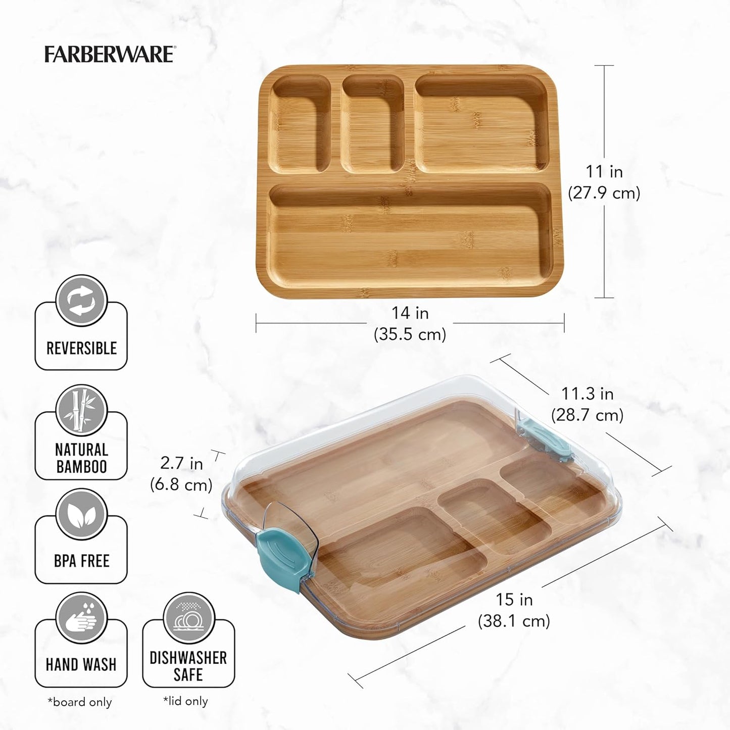 Bamboo Cutting Board with Clear Locking Lid, 11 x 14 Inch Build-A-Board Charcuterie Board with 6 Compartments for Food Prep, Snack Tray, and Entertaining