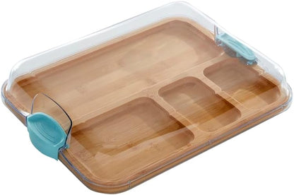 Bamboo Cutting Board with Clear Locking Lid, 11 x 14 Inch Build-A-Board Charcuterie Board with 6 Compartments for Food Prep, Snack Tray, and Entertaining