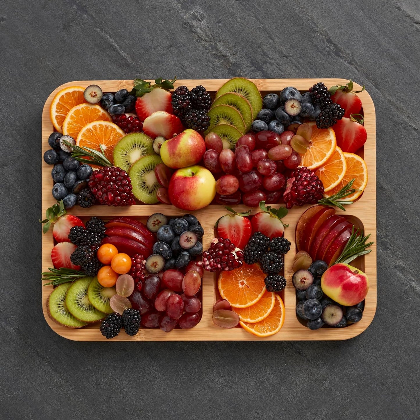 Bamboo Cutting Board with Clear Locking Lid, 11 x 14 Inch Build-A-Board Charcuterie Board with 6 Compartments for Food Prep, Snack Tray, and Entertaining