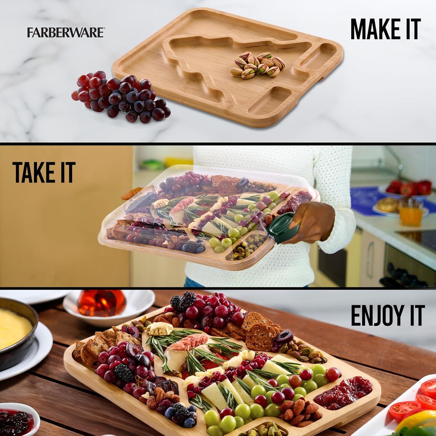 Bamboo Cutting Board with Clear Locking Lid, 11 x 14 Inch Build-A-Board Charcuterie Board with 6 Compartments for Food Prep, Snack Tray, and Entertaining