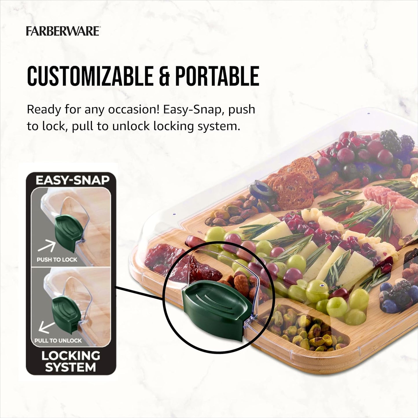 Bamboo Cutting Board with Clear Locking Lid, 11 x 14 Inch Build-A-Board Charcuterie Board with 6 Compartments for Food Prep, Snack Tray, and Entertaining