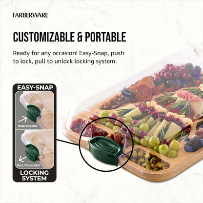 Bamboo Cutting Board with Clear Locking Lid, 11 x 14 Inch Build-A-Board Charcuterie Board with 6 Compartments for Food Prep, Snack Tray, and Entertaining