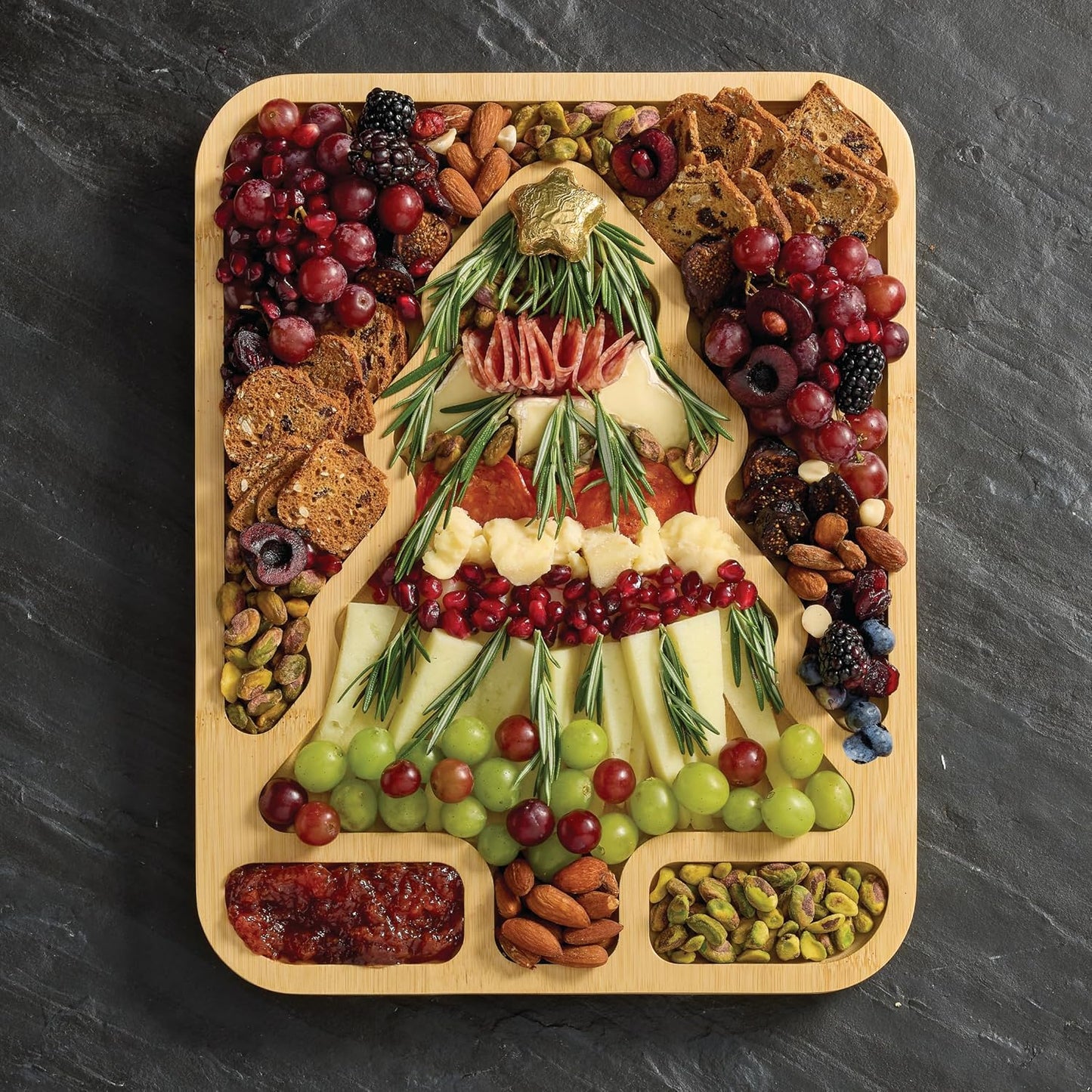 Bamboo Cutting Board with Clear Locking Lid, 11 x 14 Inch Build-A-Board Charcuterie Board with 6 Compartments for Food Prep, Snack Tray, and Entertaining