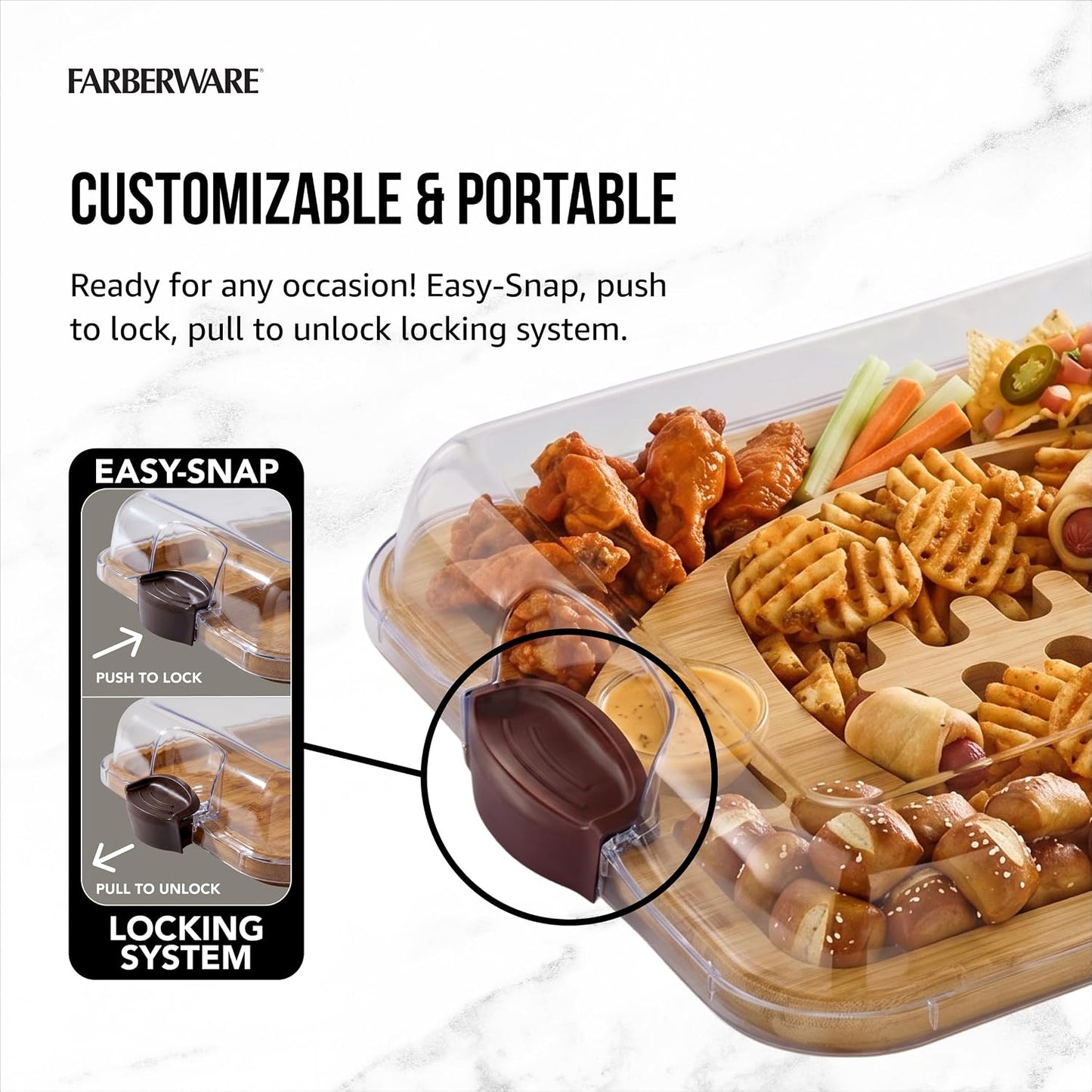 Bamboo Cutting Board with Clear Locking Lid, 11 x 14 Inch Build-A-Board Charcuterie Board with 6 Compartments for Food Prep, Snack Tray, and Entertaining