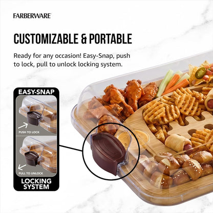 Bamboo Cutting Board with Clear Locking Lid, 11 x 14 Inch Build-A-Board Charcuterie Board with 6 Compartments for Food Prep, Snack Tray, and Entertaining