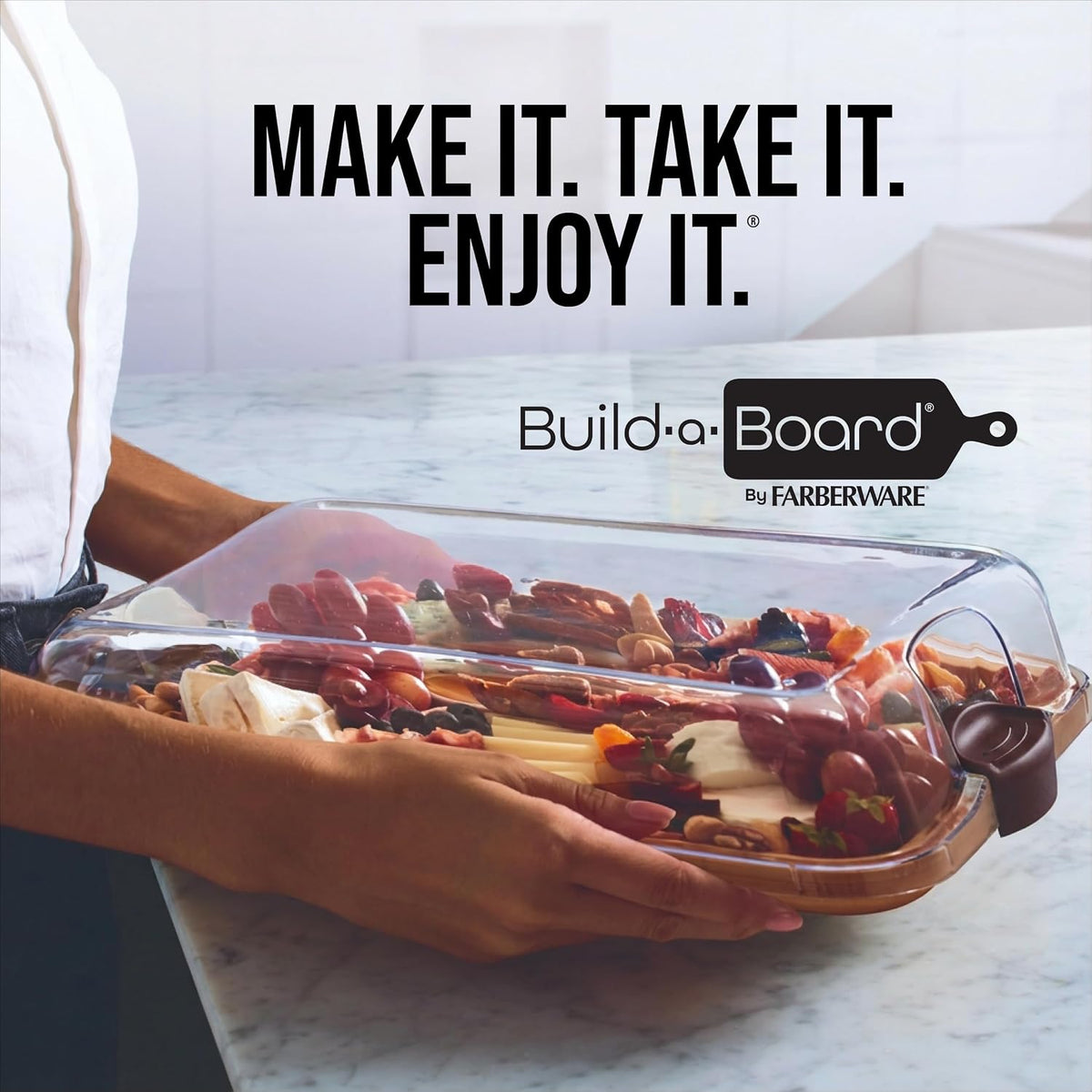 Bamboo Cutting Board with Clear Locking Lid, 11 x 14 Inch Build-A-Board Charcuterie Board with 6 Compartments for Food Prep, Snack Tray, and Entertaining