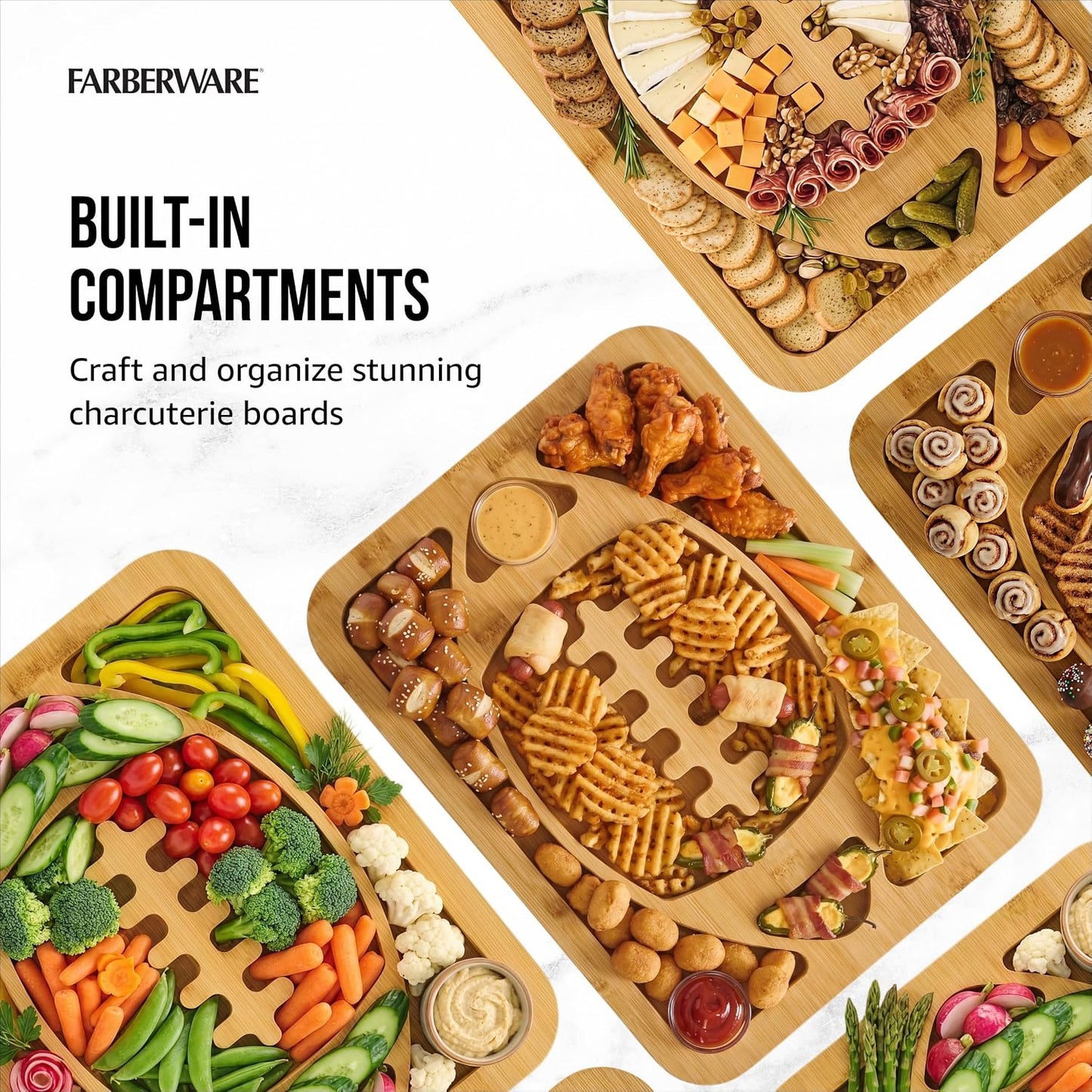 Bamboo Cutting Board with Clear Locking Lid, 11 x 14 Inch Build-A-Board Charcuterie Board with 6 Compartments for Food Prep, Snack Tray, and Entertaining