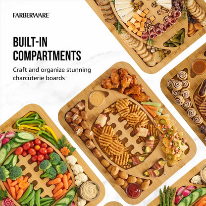 Bamboo Cutting Board with Clear Locking Lid, 11 x 14 Inch Build-A-Board Charcuterie Board with 6 Compartments for Food Prep, Snack Tray, and Entertaining