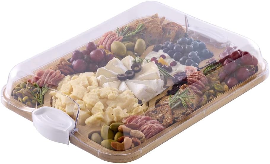 Bamboo Cutting Board with Clear Locking Lid, 11 x 14 Inch Build-A-Board Charcuterie Board with 6 Compartments for Food Prep, Snack Tray, and Entertaining