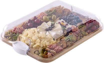 Bamboo Cutting Board with Clear Locking Lid, 11 x 14 Inch Build-A-Board Charcuterie Board with 6 Compartments for Food Prep, Snack Tray, and Entertaining