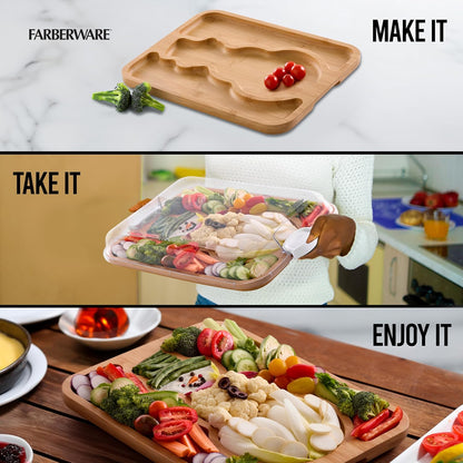 Bamboo Cutting Board with Clear Locking Lid, 11 x 14 Inch Build-A-Board Charcuterie Board with 6 Compartments for Food Prep, Snack Tray, and Entertaining