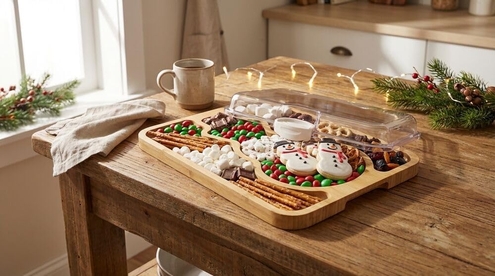 Bamboo Cutting Board with Clear Locking Lid, 11 x 14 Inch Build-A-Board Charcuterie Board with 6 Compartments for Food Prep, Snack Tray, and Entertaining