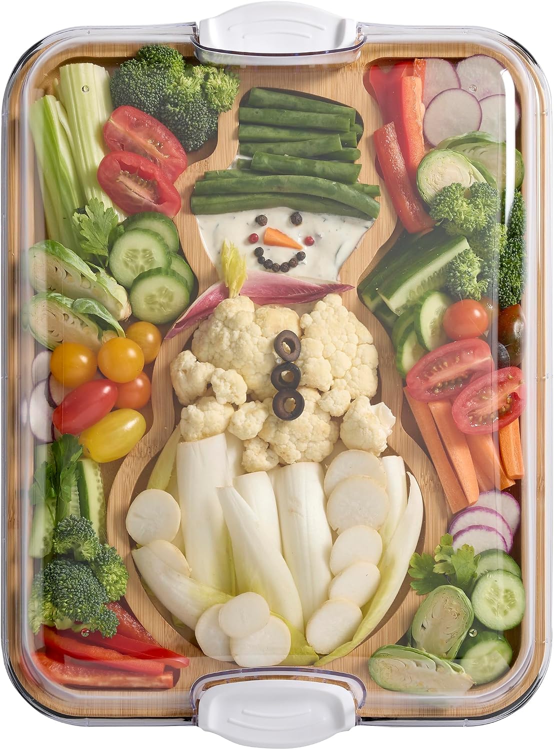 Bamboo Cutting Board with Clear Locking Lid, 11 x 14 Inch Build-A-Board Charcuterie Board with 6 Compartments for Food Prep, Snack Tray, and Entertaining