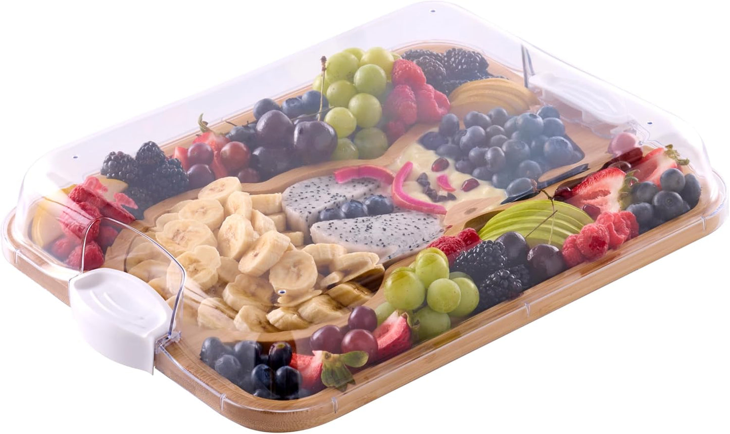 Bamboo Cutting Board with Clear Locking Lid, 11 x 14 Inch Build-A-Board Charcuterie Board with 6 Compartments for Food Prep, Snack Tray, and Entertaining