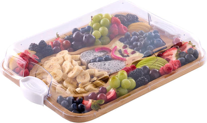 Bamboo Cutting Board with Clear Locking Lid, 11 x 14 Inch Build-A-Board Charcuterie Board with 6 Compartments for Food Prep, Snack Tray, and Entertaining