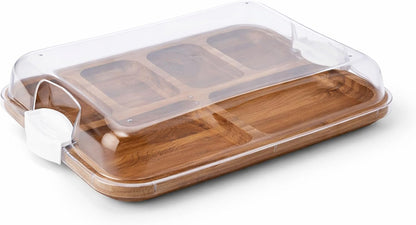 Bamboo Cutting Board with Clear Locking Lid, 11 x 14 Inch Build-A-Board Charcuterie Board with 6 Compartments for Food Prep, Snack Tray, and Entertaining
