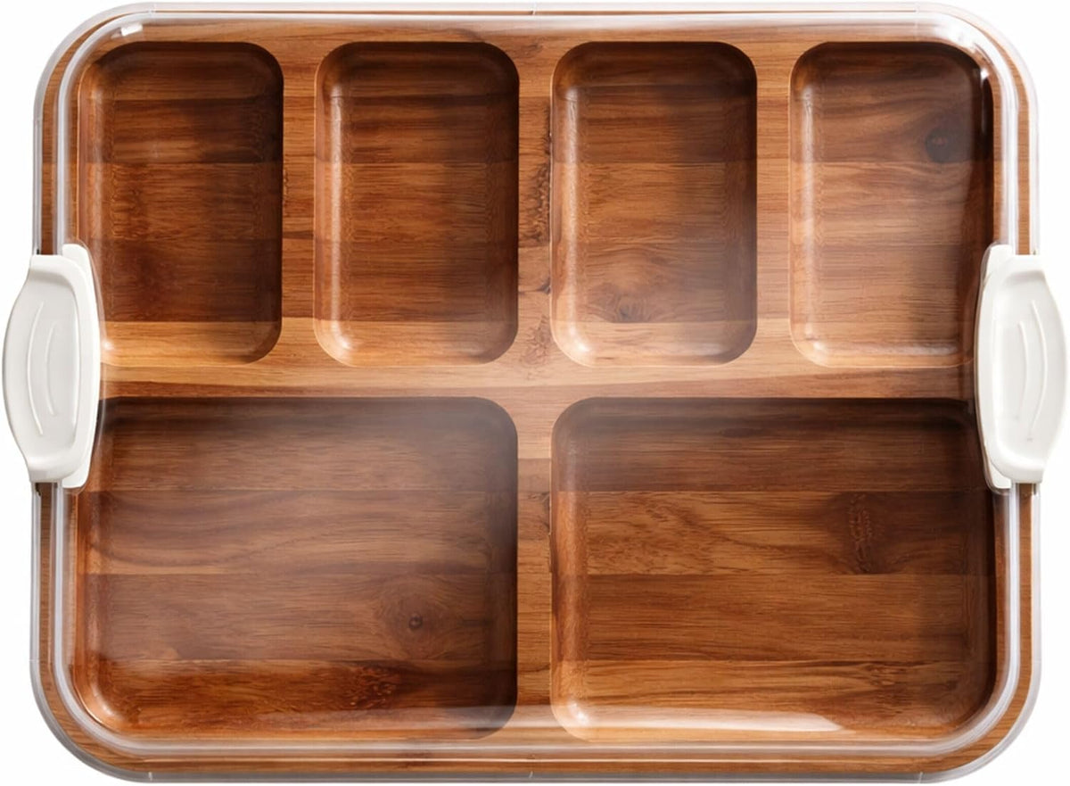Bamboo Cutting Board with Clear Locking Lid, 11 x 14 Inch Build-A-Board Charcuterie Board with 6 Compartments for Food Prep, Snack Tray, and Entertaining