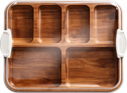 Bamboo Cutting Board with Clear Locking Lid, 11 x 14 Inch Build-A-Board Charcuterie Board with 6 Compartments for Food Prep, Snack Tray, and Entertaining