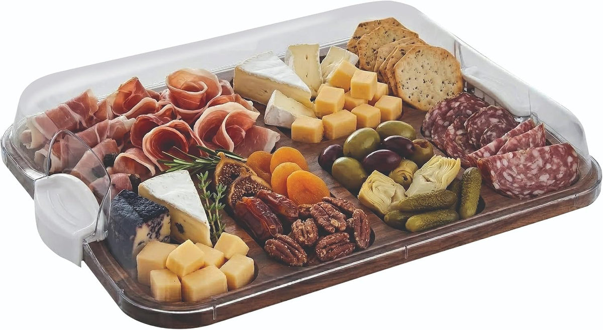 Bamboo Cutting Board with Clear Locking Lid, 11 x 14 Inch Build-A-Board Charcuterie Board with 6 Compartments for Food Prep, Snack Tray, and Entertaining